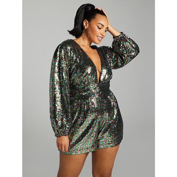 Sequin V-Neck Jumpsuit - Black and Green - Picture 1 of 7